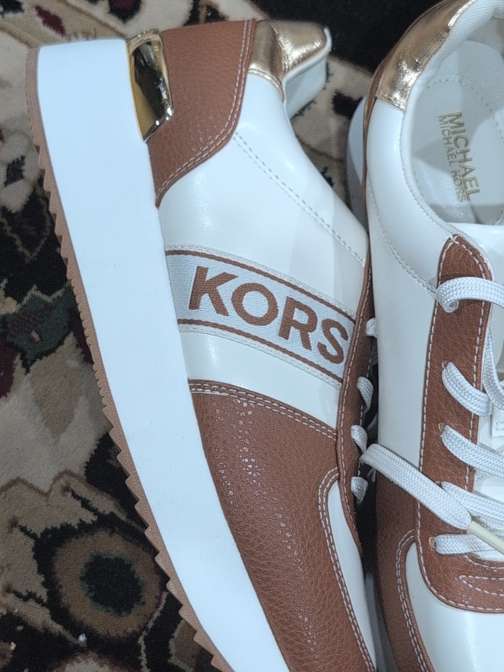 Michael Kors  Women's White and Brown KORS Logo Sneakers
